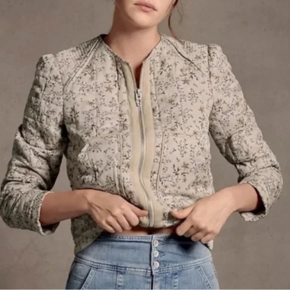 Blank NYC Floral Beige Quilted Zip Up Jacket